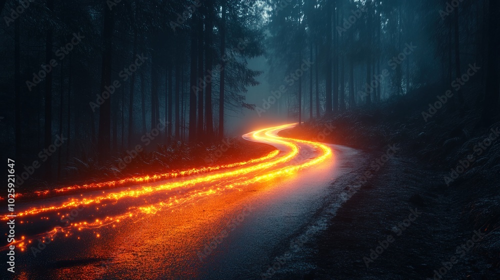 Car speed lights. Glowing trail highway road Car speed lights. Glowing trail highway road