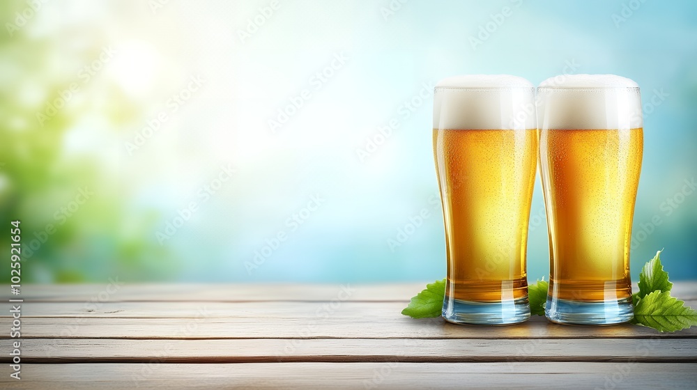 Two glasses of beer on a wooden table with a blurred background. Two glasses of beer on a wooden table with a blurred background.