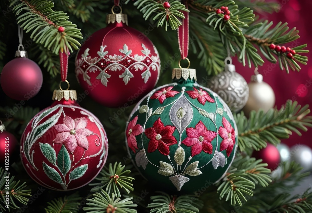 A creative background made of red, silver, green Christmas balls embroidered with thread on a green background. New Year's background. A creative background made of red, silver, green Christmas balls embroidered with thread on a green background. New Year's background.