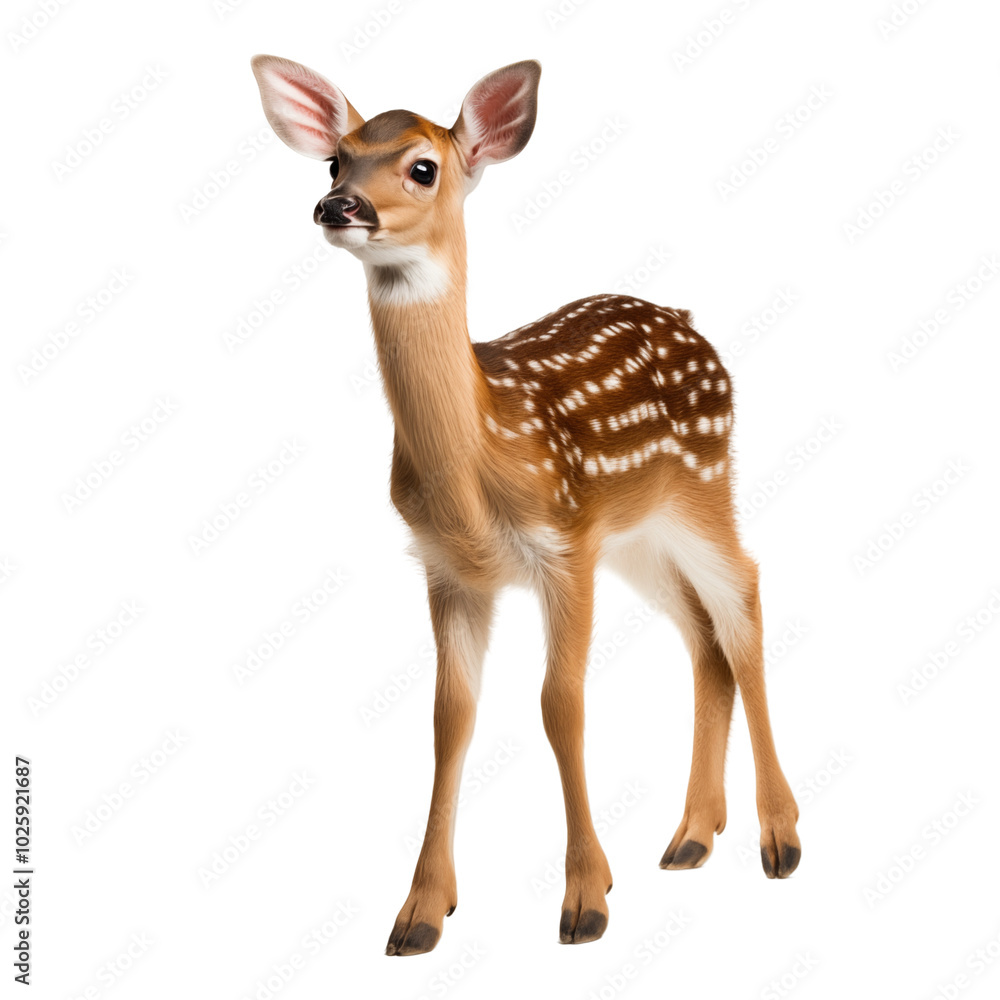 A young fawn standing gracefully with its spotted coat in a bright studio background A young fawn standing gracefully with its spotted coat in a bright studio background