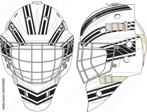Hockey goalie mask in a detailed, technical format, showcasing both the front and side views of the goal keeper protective gear.