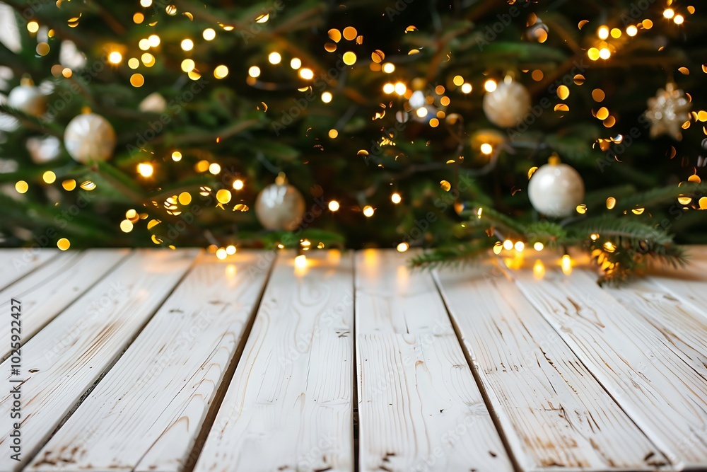 A simple white wooden table set against a cozy background of fuzzy Christmas lights, perfect for creating a festive and inviting holiday atmosphere. A simple white wooden table set against a cozy background of fuzzy Christmas lights, perfect for creating a festive and inviting holiday atmosphere.