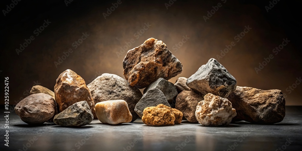 A Collection of Textured Stones Arranged on a Smooth Surface Against a Rustic Brown Background A Collection of Textured Stones Arranged on a Smooth Surface Against a Rustic Brown Background