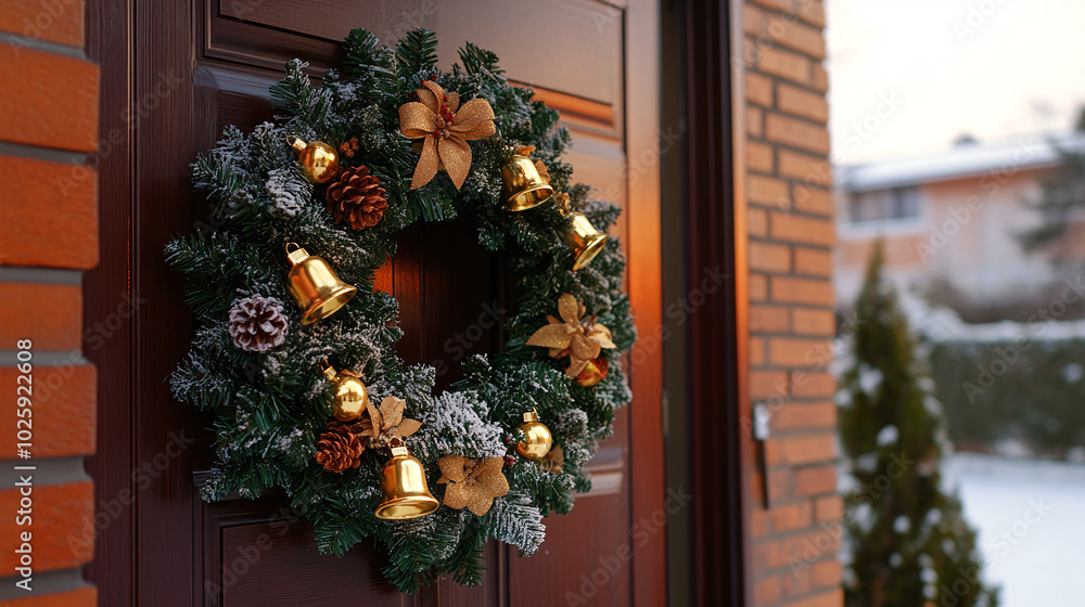 Fototapeta premium Christmas wreath with bells hangs on door of private modern house on winter day