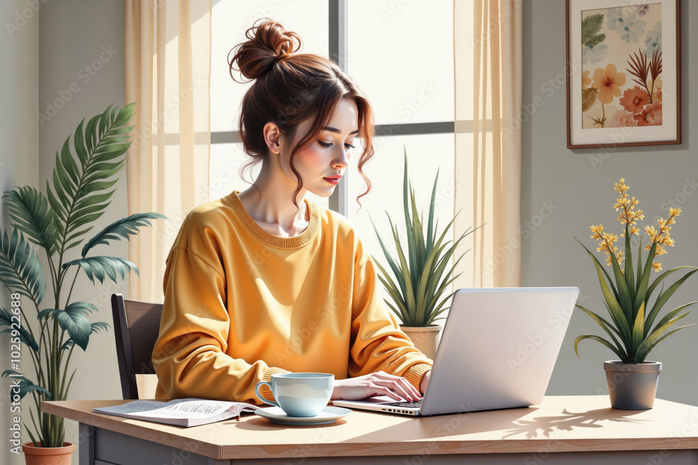 Young woman working from home using laptop near window with plants Young woman working from home using laptop near window with plants