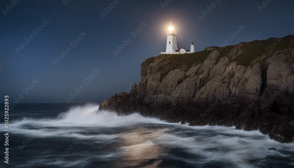 A lighthouse on a rocky island shines its bright beam on a clear, starry night. A lighthouse on a rocky island shines its bright beam on a clear, starry night.