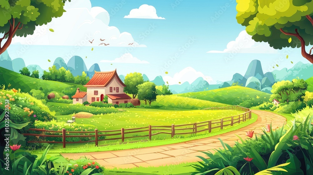 A charming countryside house with a winding path through a green meadow. A charming countryside house with a winding path through a green meadow.