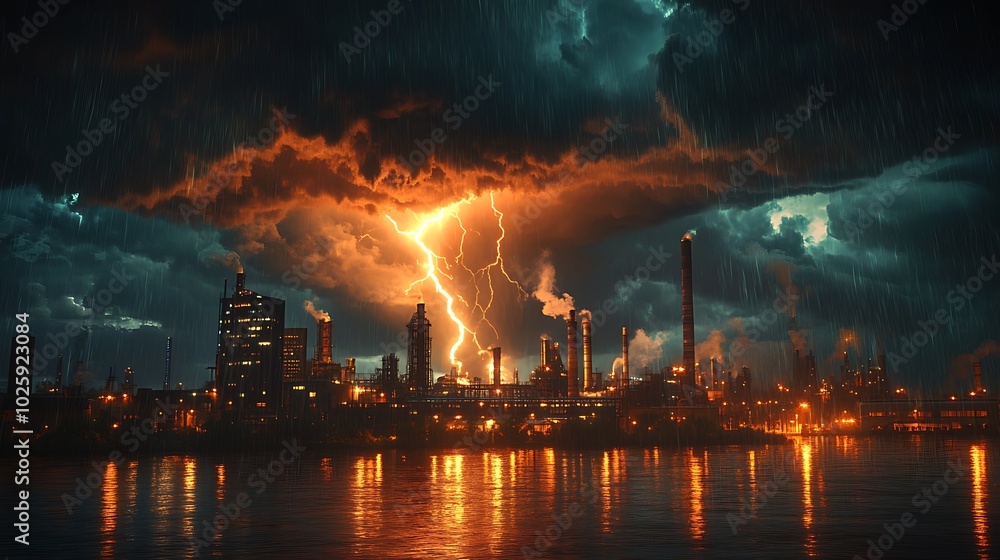 A thunderstorm over an industrial zone, with rain pouring down on wet metal structures and a massive lightning strike illuminating smokestacks in the distance. Dark clouds swirl above, A thunderstorm over an industrial zone, with rain pouring down on wet metal structures and a massive lightning strike illuminating smokestacks in the distance. Dark clouds swirl above,
