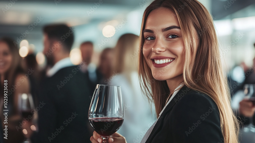 Smiling businesswoman with glass of wine at corporate party with colleagues in office Smiling businesswoman with glass of wine at corporate party with colleagues in office