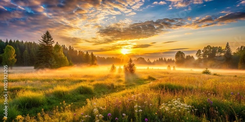 Breathtaking Summer Sunrise Over a Rural Meadow with Fog and Forest Panorama