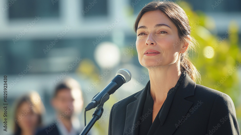 A mature business woman gives a speech into a microphone on the street against the background of colleagues and an office A mature business woman gives a speech into a microphone on the street against the background of colleagues and an office