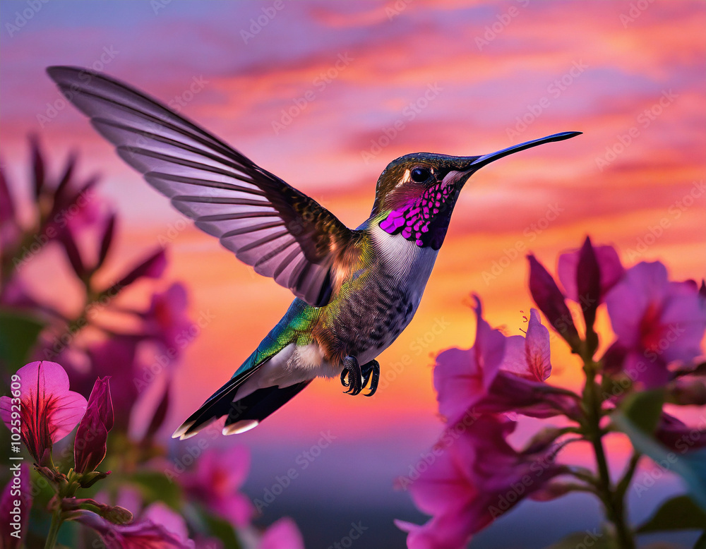 Fototapeta premium A vibrant hummingbird hovering among blooming flowers at sunset in a tropical garden
