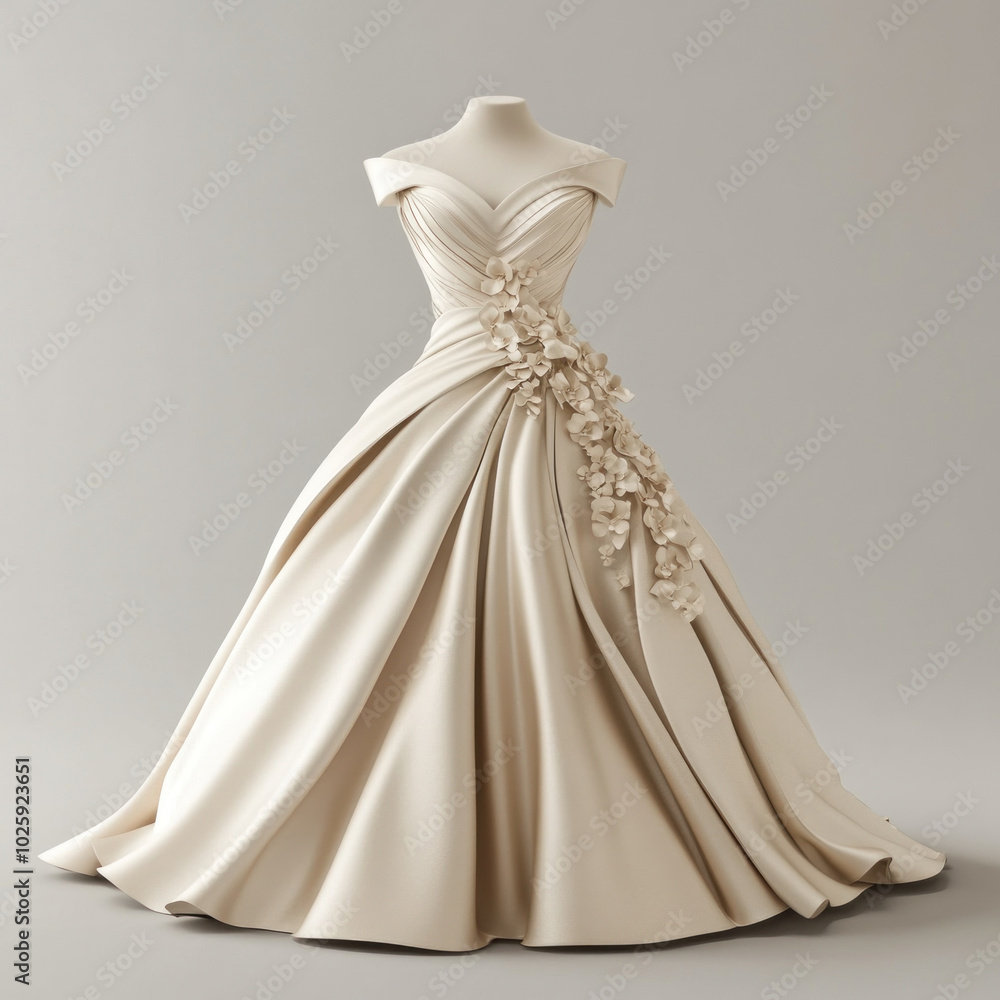 Wedding dress adorned with a delicate flower at the back, adding a whimsical touch to the elegant design. Wedding dress adorned with a delicate flower at the back, adding a whimsical touch to the elegant design.