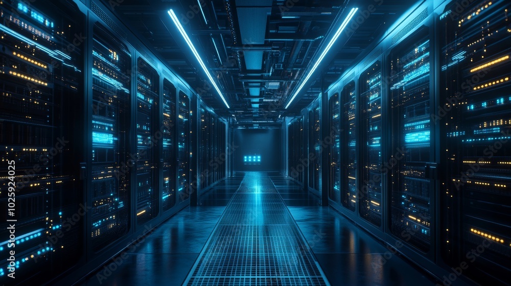 Futuristic data center with blue lights and server racks for modern technology and secure data storage. Futuristic data center with blue lights and server racks for modern technology and secure data storage.