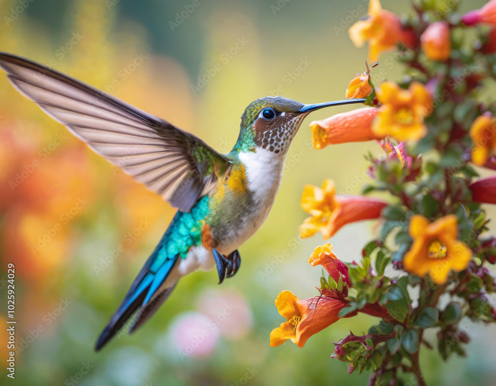 Fototapeta premium Hummingbird feeding on bright orange flowers in a vibrant garden during the sunny afternoon
