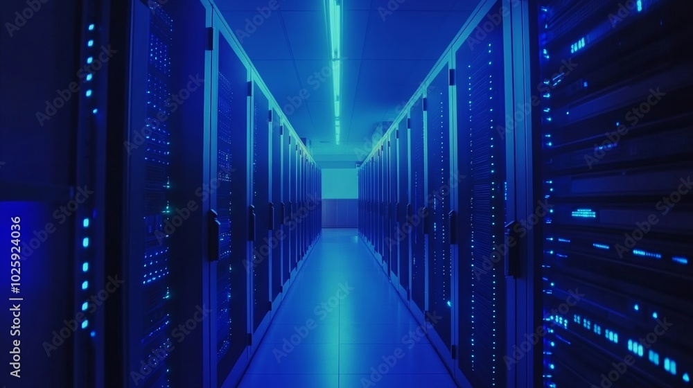 Illuminated Server Room: High-Tech Data Center with Blue Lights and Rows of Equipment Illuminated Server Room: High-Tech Data Center with Blue Lights and Rows of Equipment