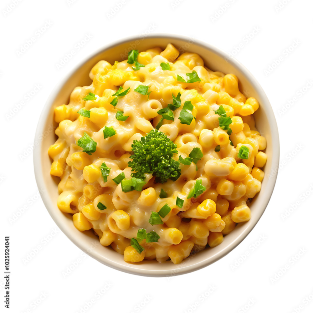 macaroni creamy corn cheese on bowl top view isolated on transparent background macaroni creamy corn cheese on bowl top view isolated on transparent background