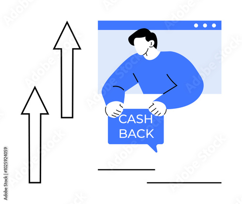 A person holding a sign stating Cash Back emerges from a computer window. Arrows pointing upwards suggest financial growth. Ideal for cashback programs, financial incentives, online shopping deals