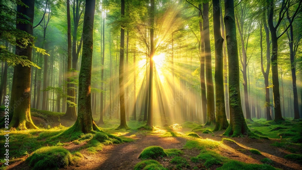A symphony of sunlight streams through a verdant forest, painting the mossy ground with golden hues A symphony of sunlight streams through a verdant forest, painting the mossy ground with golden hues