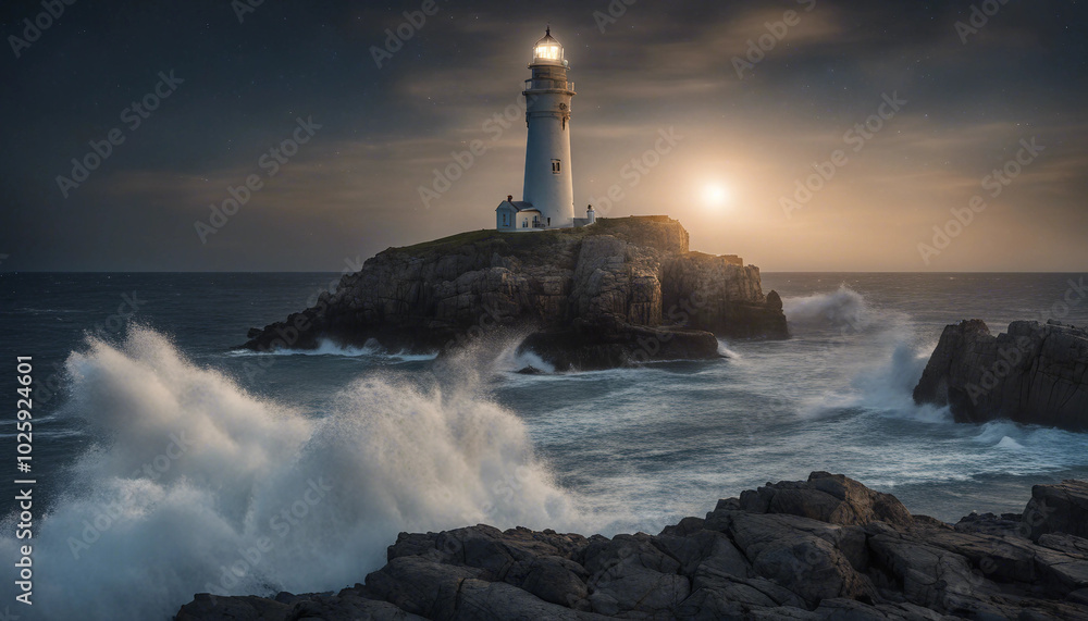 A lighthouse on a rocky island shines its bright beam on a clear, starry night. A lighthouse on a rocky island shines its bright beam on a clear, starry night.