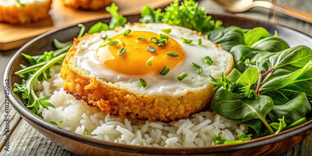 Beautiful macro shot featuring a plate of fried egg, rice, and vibrant leaf salad, perfect for culinary inspiration and showcasing delightful food details. Beautiful macro shot featuring a plate of fried egg, rice, and vibrant leaf salad, perfect for culinary inspiration and showcasing delightful food details.