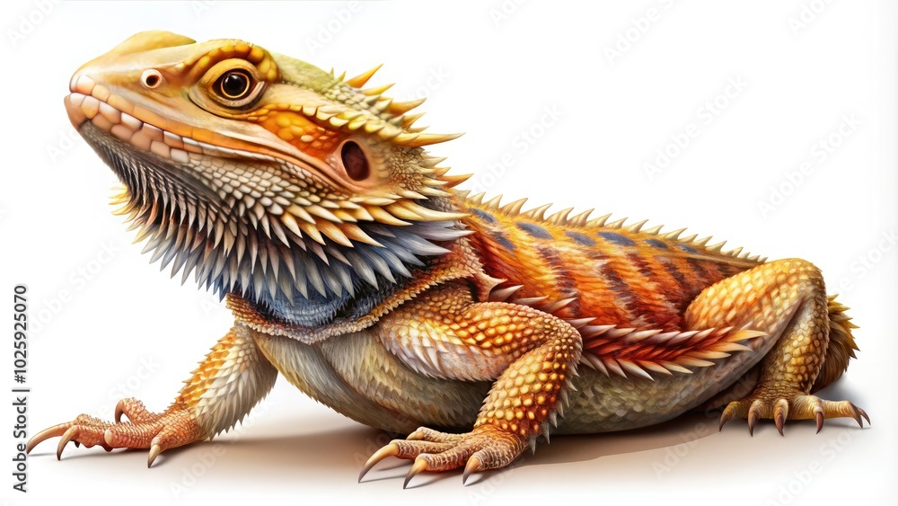 Obraz premium Bearded dragon lizard prominently displayed on a white background, showcasing its unique characteristicsâ€”a perfect capture for reptile lovers and exotic pet photography enthusiasts.