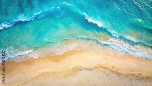 Breathtaking aerial perspective of a vibrant watercolor sea and sandy beach in summer, ideal for backgrounds and ample copy space for creative projects.