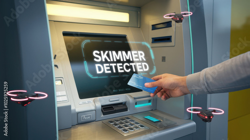 Futuristic ATM machine with skimmer detection and drones nearby