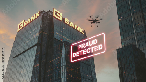 Futuristic skyscraper with drone monitoring for fraud detection