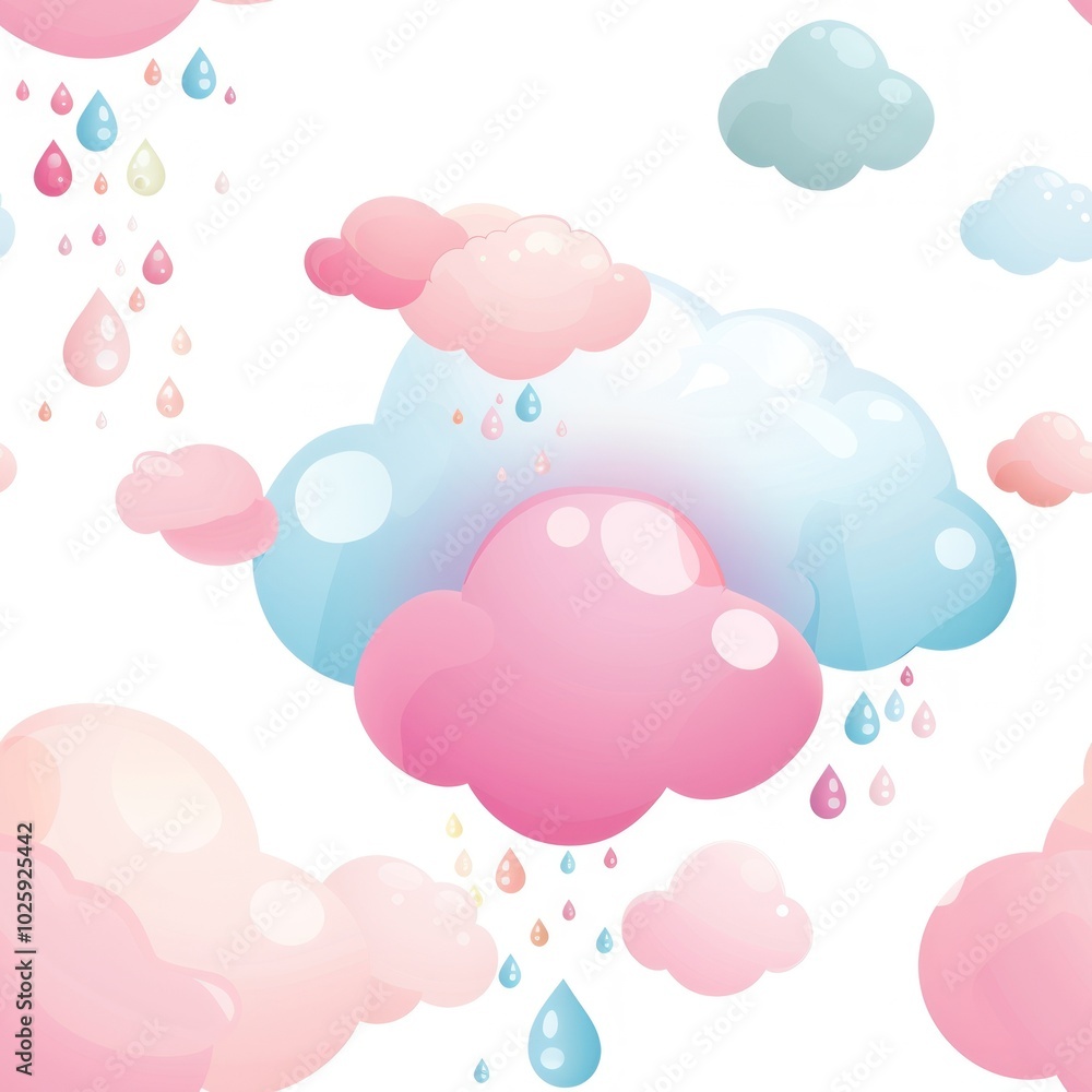 A whimsical pattern of colorful clouds with raindrops in pastel shades against a white background, evoking a playful, dreamy atmosphere. A whimsical pattern of colorful clouds with raindrops in pastel shades against a white background, evoking a playful, dreamy atmosphere.