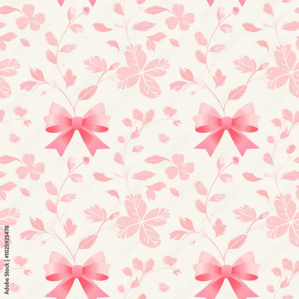 A delicate pink floral pattern featuring bows and leaves on a light background, perfect for feminine designs and soft aesthetics.