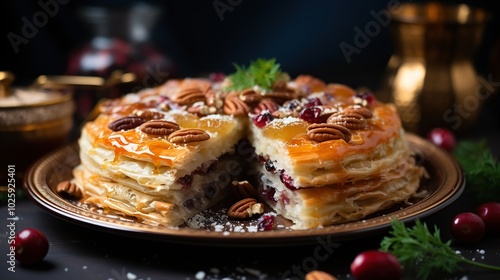 A delicious cranberry pecan pie with a flaky crust and a drizzle of caramel sauce.