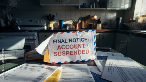 Final notice of account suspension on cluttered kitchen table evokes concern