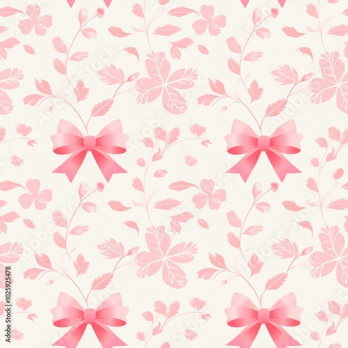 A delicate pink floral pattern featuring bows and leaves on a light background, perfect for feminine designs and soft aesthetics.