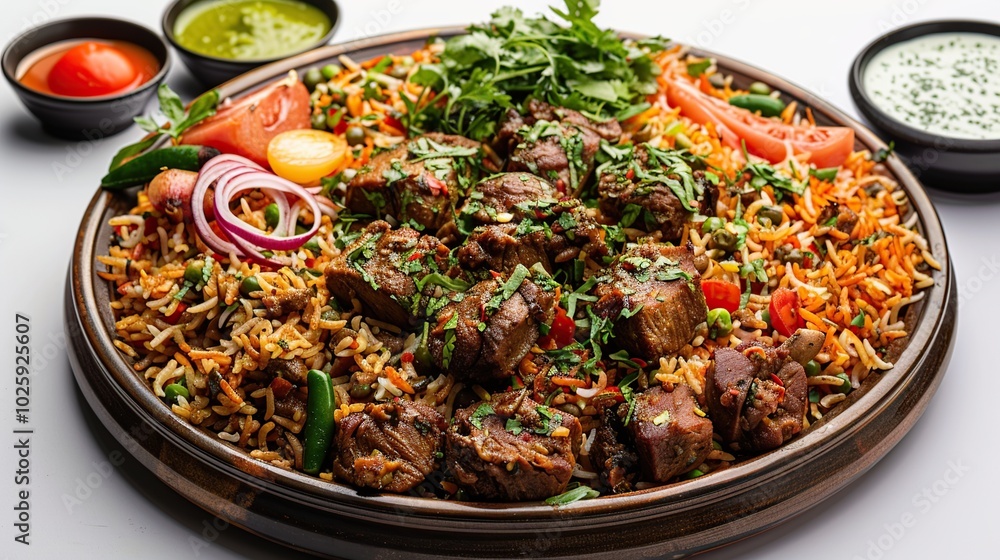 A large platter of Indian biryani, a flavorful rice dish with meat, vegetables, and spices, served with dipping sauces. A large platter of Indian biryani, a flavorful rice dish with meat, vegetables, and spices, served with dipping sauces.