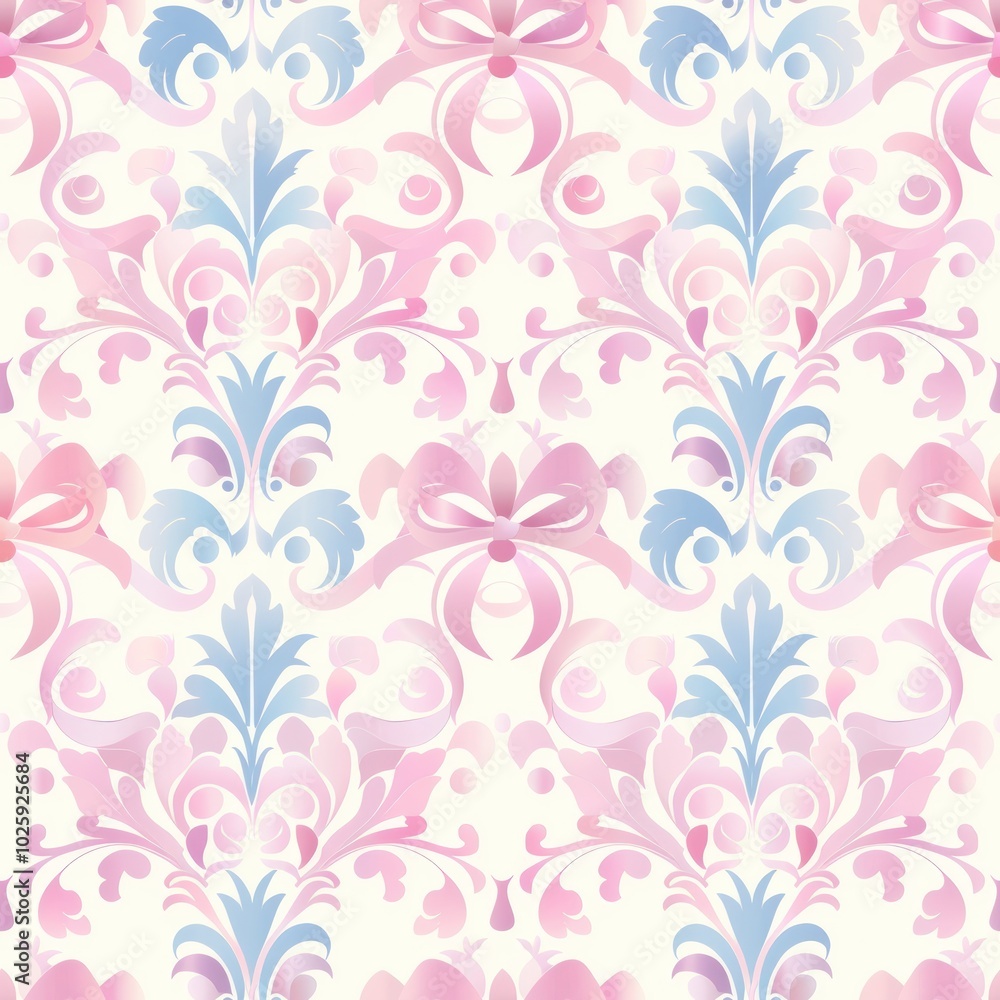 A delicate floral pattern in pastel pink and blue, featuring swirls and bows, perfect for backgrounds or textile design. A delicate floral pattern in pastel pink and blue, featuring swirls and bows, perfect for backgrounds or textile design.