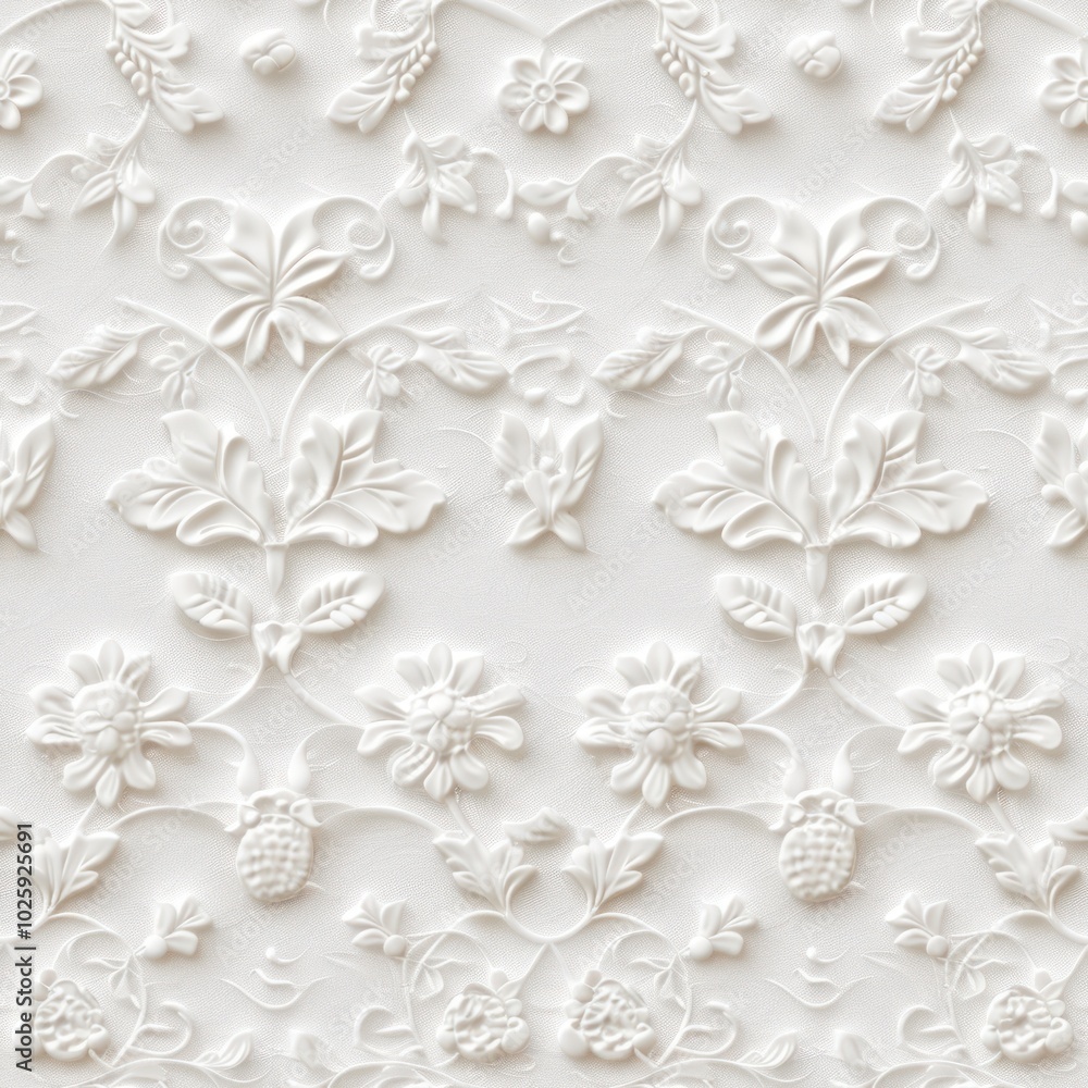 Elegant white embossed floral pattern with intricate details of flowers and leaves, creating a textured, sophisticated design.