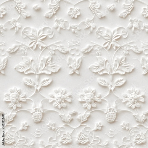 Obraz na płótnie Elegant white embossed floral pattern with intricate details of flowers and leaves, creating a textured, sophisticated design. w salonie