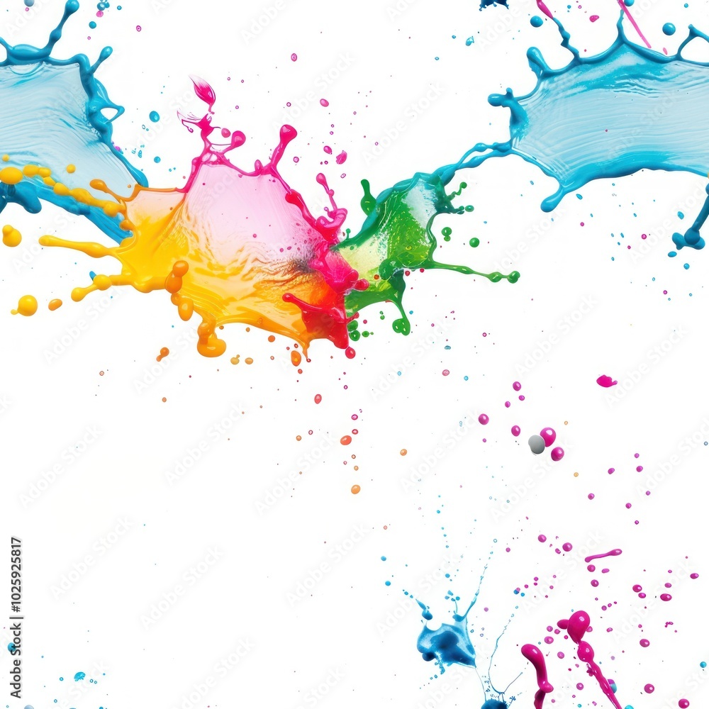 Fototapeta premium Vivid splashes of colorful paint burst against a white background, creating an energetic and artistic visual effect.
