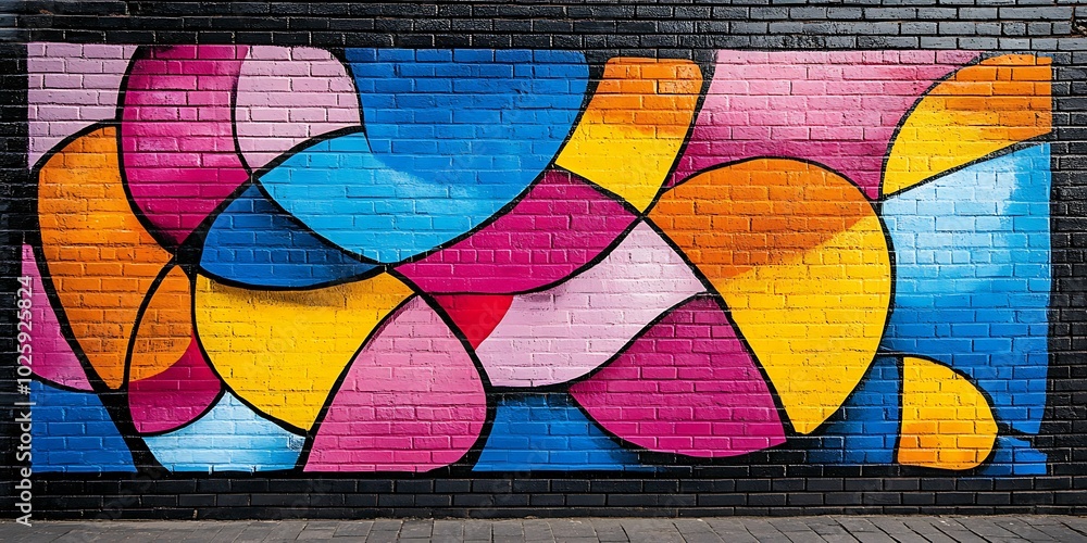 Fototapeta premium Colorful abstract mural with curved shapes and vibrant hues.