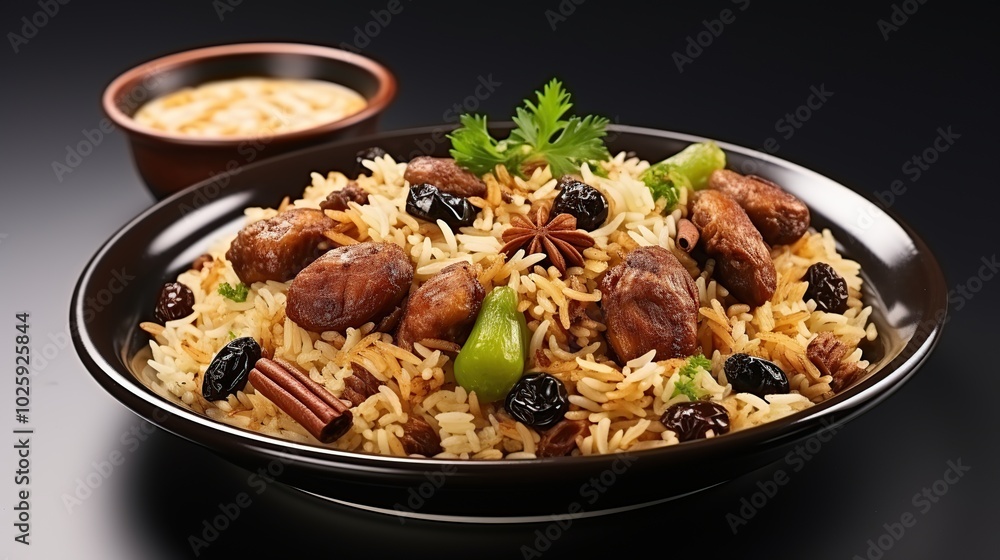 A plate of rice dish with meat, raisins, spices and a side of sauce. A plate of rice dish with meat, raisins, spices and a side of sauce.