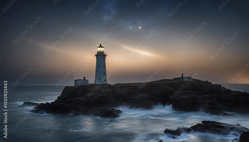 A lighthouse on a rocky island shines its bright beam on a clear, starry night. A lighthouse on a rocky island shines its bright beam on a clear, starry night.