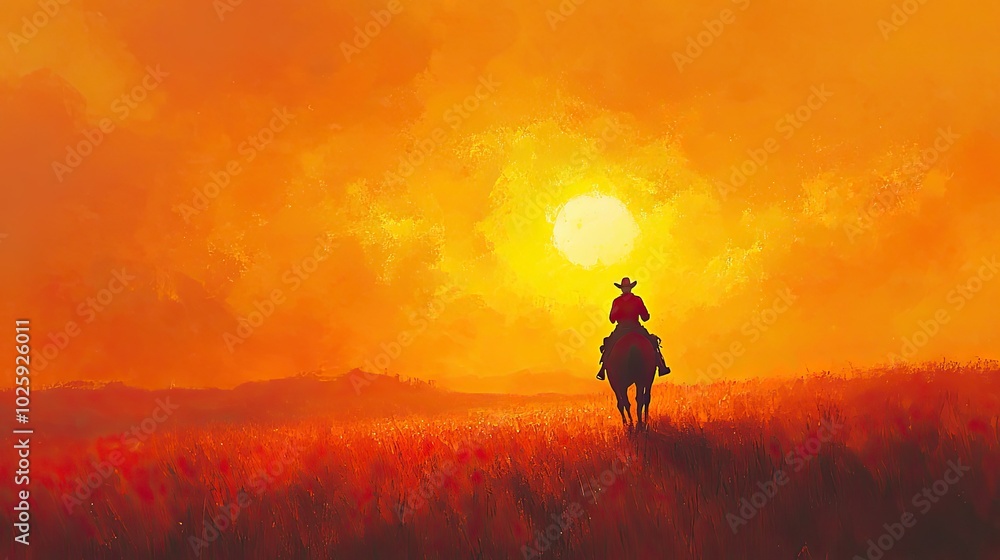 A painting of a lone cowboy riding his horse into the sunset, vibrant orange sky, and ample copy space above the horizon. A painting of a lone cowboy riding his horse into the sunset, vibrant orange sky, and ample copy space above the horizon.
