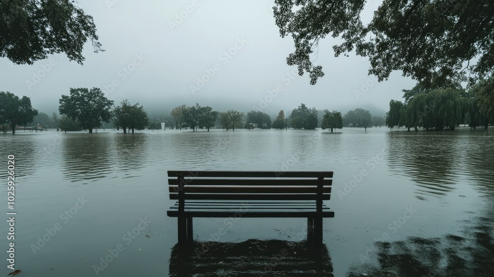 A park completely underwater from flooding, with space for text in the overcast sky. A park completely underwater from flooding, with space for text in the overcast sky.