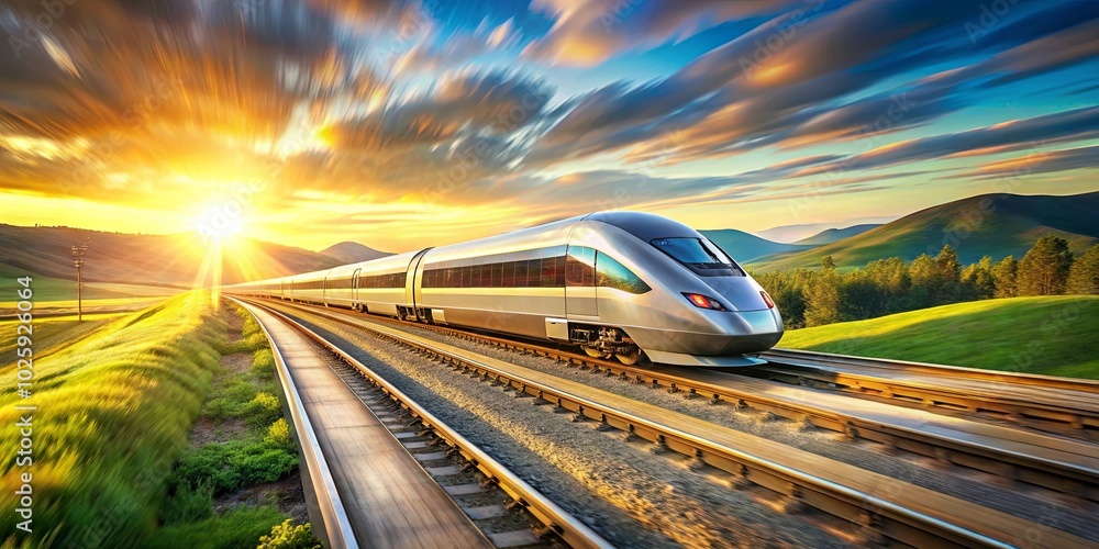 A Modern Train Speeds Through a Lush Landscape at Sunset, Its Sleek Form a Contrasting Silhouette Against the Golden Hues of the Sky A Modern Train Speeds Through a Lush Landscape at Sunset, Its Sleek Form a Contrasting Silhouette Against the Golden Hues of the Sky
