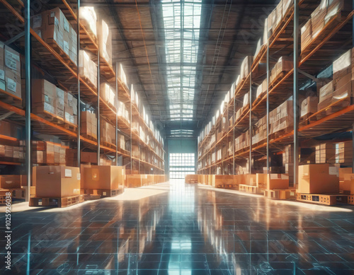Large warehouse interior with stacked boxes, bright light streaming through windows during daytime hours