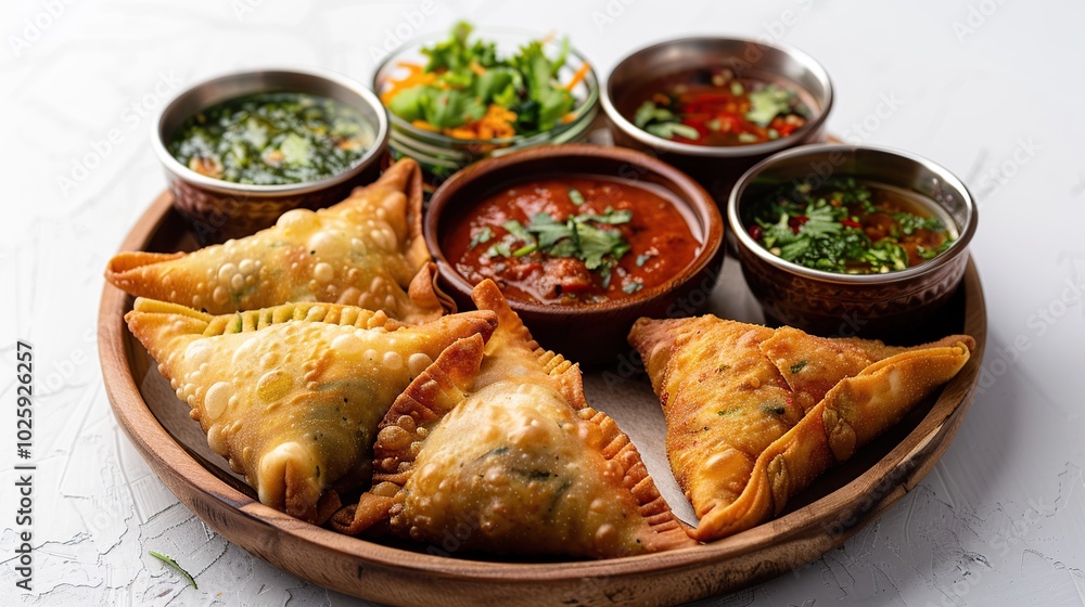 A wooden platter with six golden brown samosas and four dipping sauces on a white background. A wooden platter with six golden brown samosas and four dipping sauces on a white background.