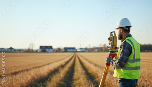surveyor in a safety vest using surveying equipment in a rural landscape