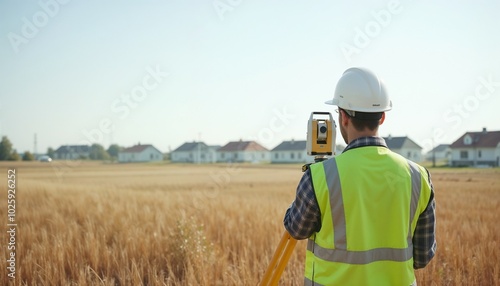 land surveyor in a safety vest measuring land with surveying equipment in a rural area