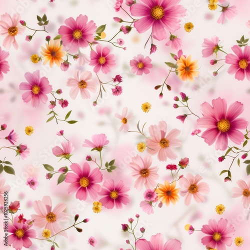 A vibrant pattern of pink and yellow flowers scattered against a light background, perfect for spring-themed designs.